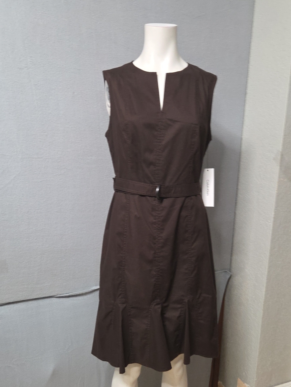 Calvin Klein Chocolate Brown Sleeveless Belted Godet Flounce Hem Dress NWT.